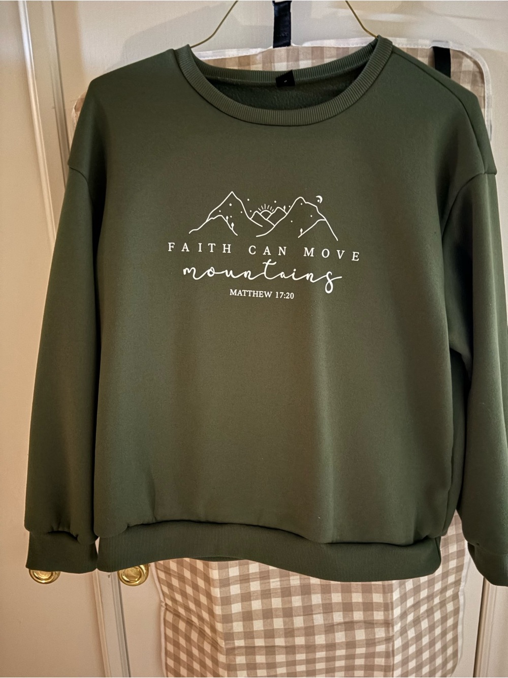SHEIN Olive Green Crewneck Sweatshirt with White Mountain Graphic